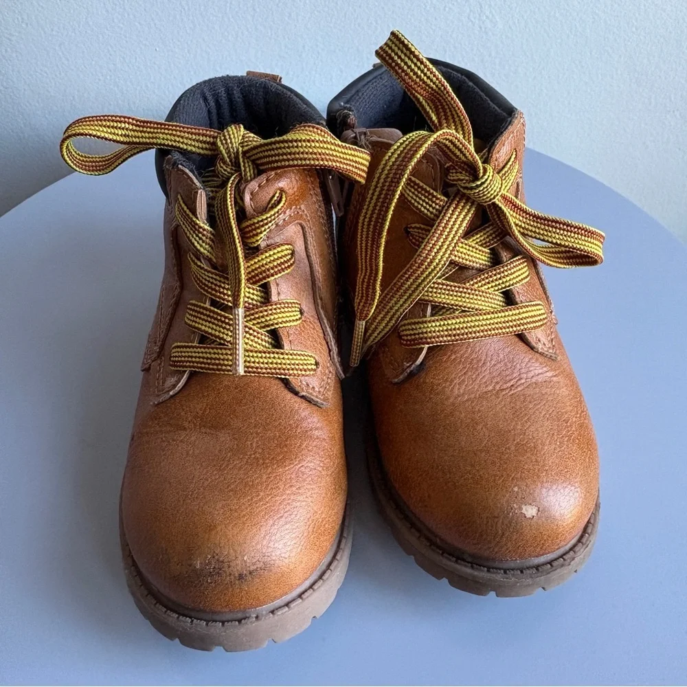 Brown Kids Work Boots with Yellow Laces, Size 10 Toddler